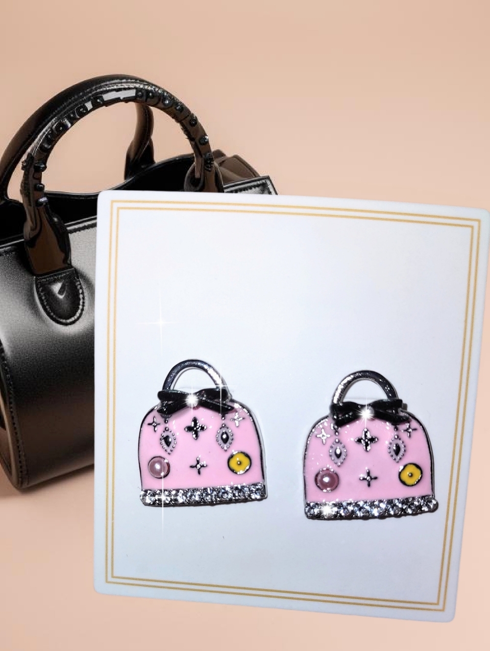 Pink & Black Handbag-shaped Little Pierced Earrings